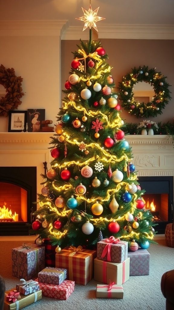 A decorated Christmas tree with lights and ornaments in a cozy living room.